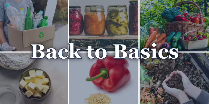 two rows of three thumbnail photos. One with recycling items, one with canned garden produce, one with fresh vegetables, one with neat cut cubes of butter, one with a red pepper and seeds, and one with a person working fresh compost