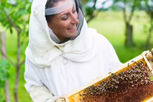 woman in beekeeper uniform with bee hive