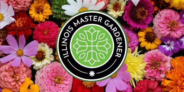 Master Gardener logo overlaying colorful blooming flowers.