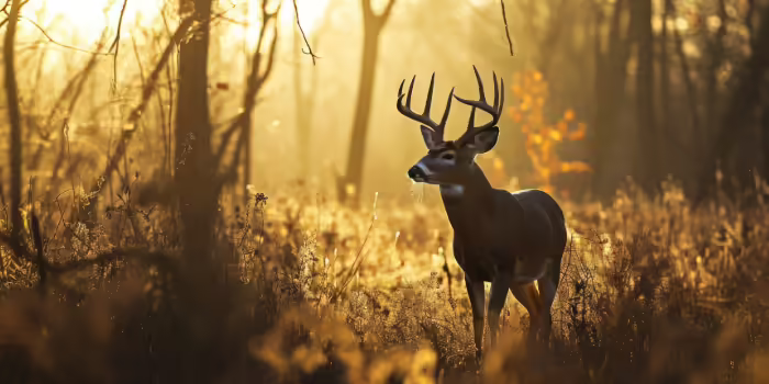 A white tailed deer with antlers in a forest with sunlight streaming through the trees.
