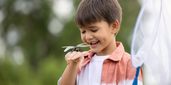 A boy with a dragonfly on his hand