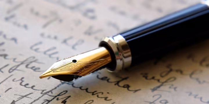 A fountain pen lies on an inscribed page. 