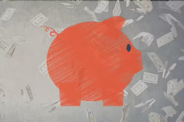 Piggy Bank in front of money.