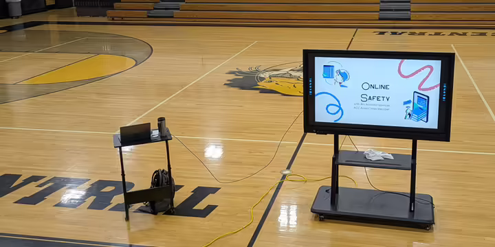 Picture of a presentation screen on a school gymnasium floor