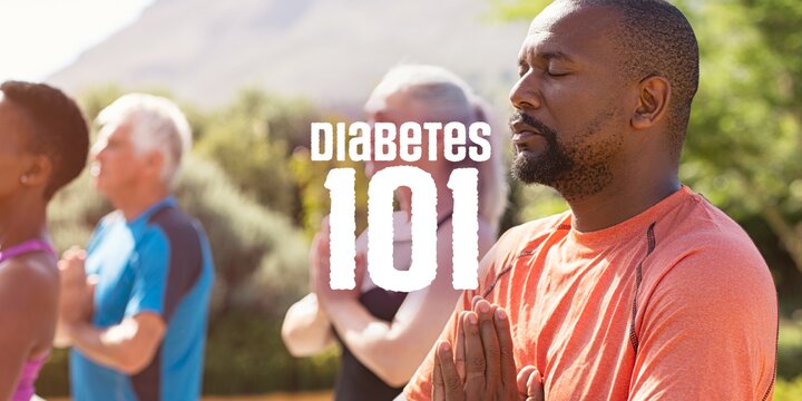 A group of people standing outside with overlay text that reads diabetes 101.