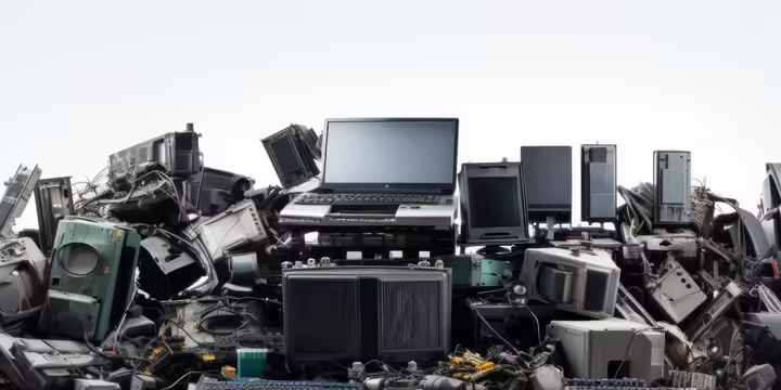 Piles of old computers, cell phones, and other digital hardware.