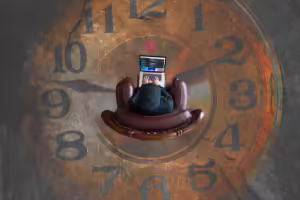 Person in dark hoodie sitting in chair and working on laptop with a clock prominent in background