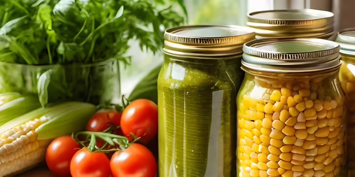 Jars of home preserved produce and herbs, corn, and tomatoes site by a window. 