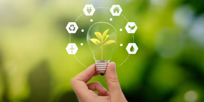 A hand holding a light bulb with different energy symbols around the bulb.