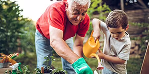Grandpa and kid working in garden