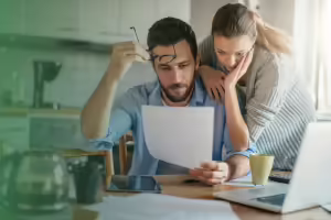 a couple looking at their budget at a kitchen table