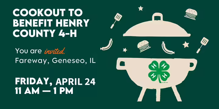 grill with 4-H clover and hot dogs and burgers floating around