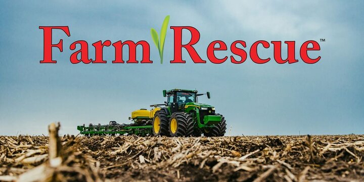 Farm Rescue text with green tractor in a field