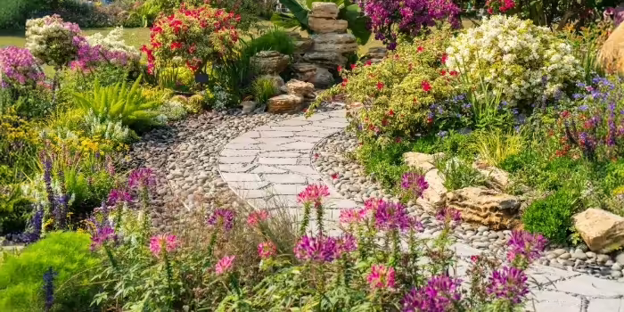 A path winding through a flower garden 