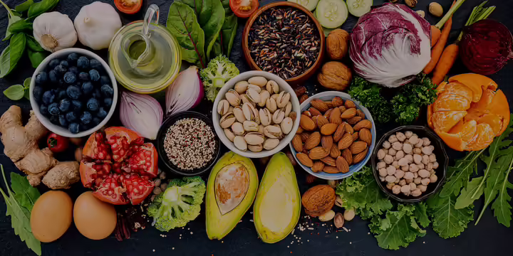 assorted fresh berries, nuts, fruits, and vegetables