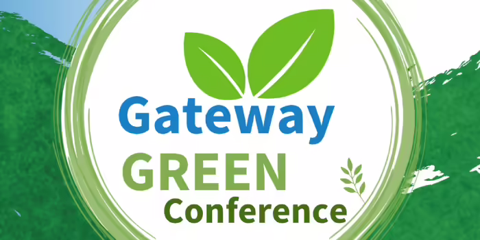 Gateway Green Conference logo with green leaves and circular design on a green background.