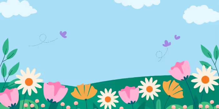 Illustration of a colorful garden scene with a blue sky and soft white clouds.
