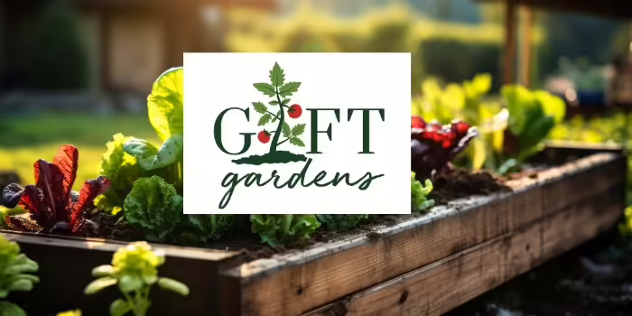 GIFT gardens logo over raised lettuce garden bed