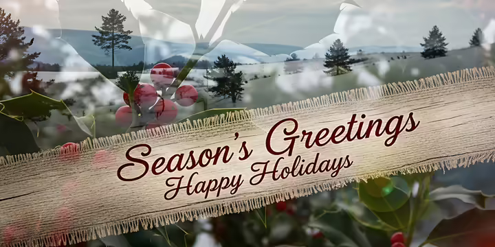 Winter Scene saying Season's Greetings and Happy Holidays