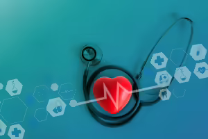 Stethoscope and heart surrounded by health icons and heartbeat line