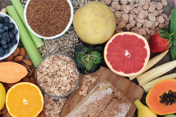 Various types of fruits, vegetables, and fibers