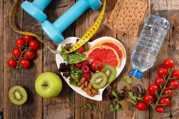 A plate of healthy food, a bottle of water and exercise equipment 