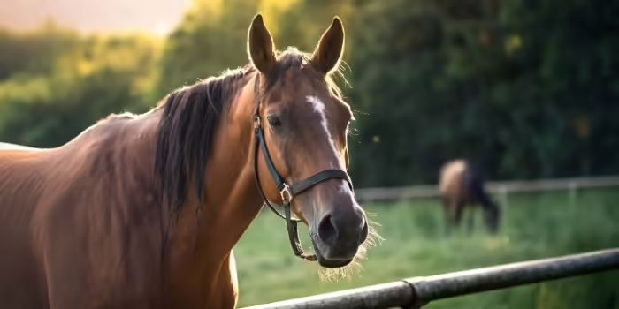 A brown horse in a pasture