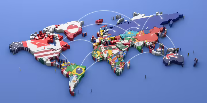 A map of the world overlaid with countries flags 