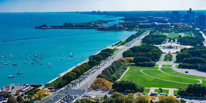 overhead view of Chicago and Lake Michigan