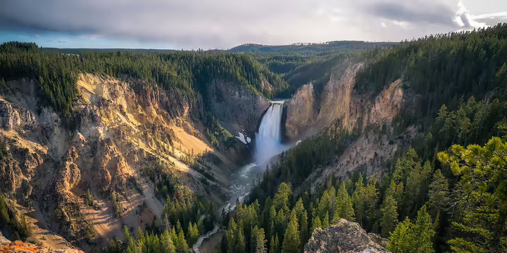 a waterfall into a canyon surrounded by evergreen trees