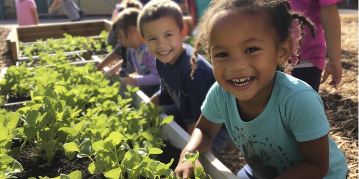 toddlers standing at a garden bed with plants growing in it