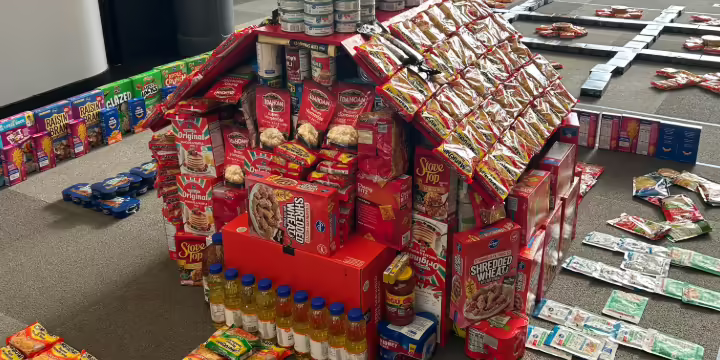 red barn created with non-perishable food items
