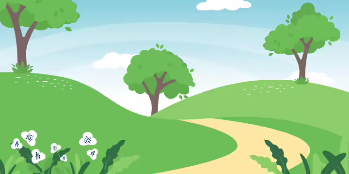 Illustration of a bright outdoor park scene with rolling green hills and a winding tan walking path curving through the landscape.