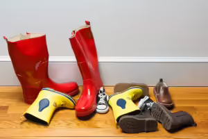 Pairs of shoes tossed in hallway with wood floor.