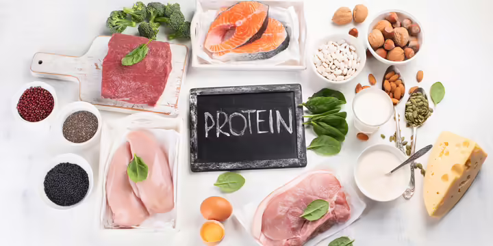 Different sources of protein: chicken, salmon, eggs, beef, nuts, beans....