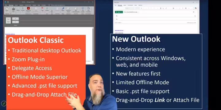 Screenshots of New Email windows from Outlook Classic and New Outlook with a list of features of each