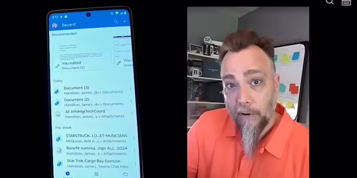 Split screen view: Cell phone on left, James on right