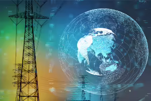 power lines on a pole and the outline of a globe