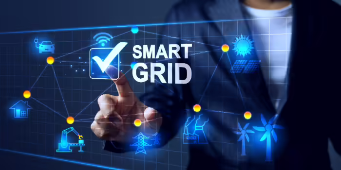 A person touching a transparent touchscreen with icons for a smart electric grid.