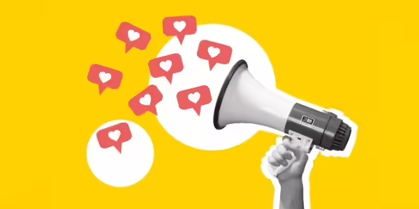 A megaphone with hearts and likes coming out of it