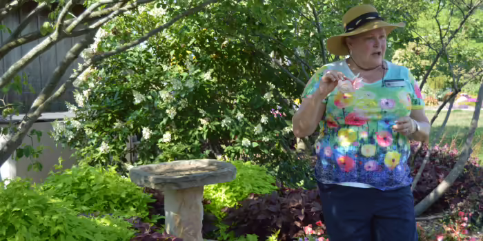 A gardener talking in front of a lovely side garden.