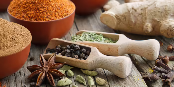 Array of spices on a table