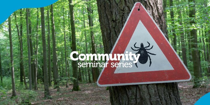 Red and white triangle sign with black tick on it with text Community Seminar Series