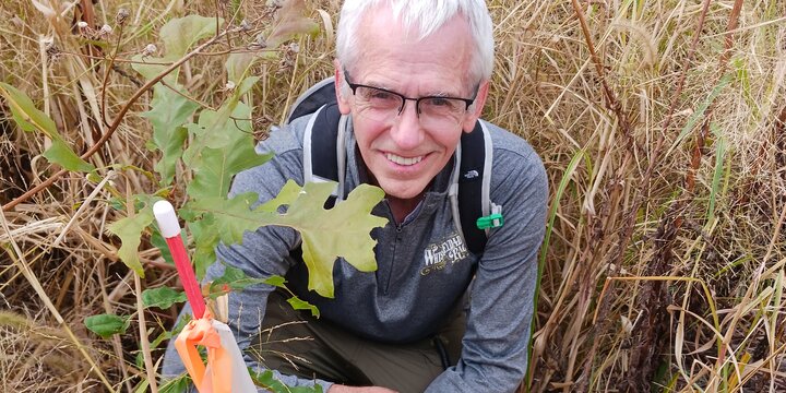 Mike McGraw in a prairie with a oak tree sapling