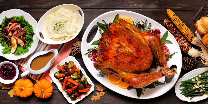 turkey dinner, mashed potatoes, gravy, beans