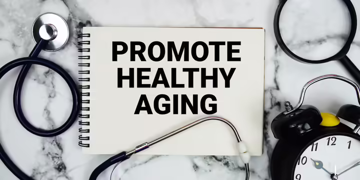 Stehascope, alarm clock, magnifying glass and book "promote healthy aging"