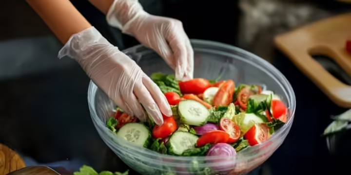 Gloved hands preparing a salad with fresh vegetables