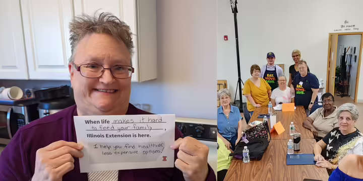 Janet Moody holds up a paper sign that reads ""When life make it hard to feed your family, Illinois Extension is here. I help you find healthier, less expensive options!"