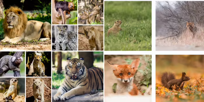Multiple types of mammals, including lions, tigers, monkeys, foxes, and squirrels.