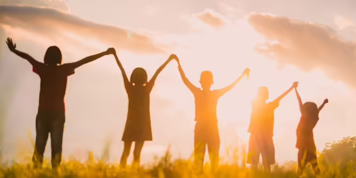 Silhouette of the children holding hands in a field against the sunset.
